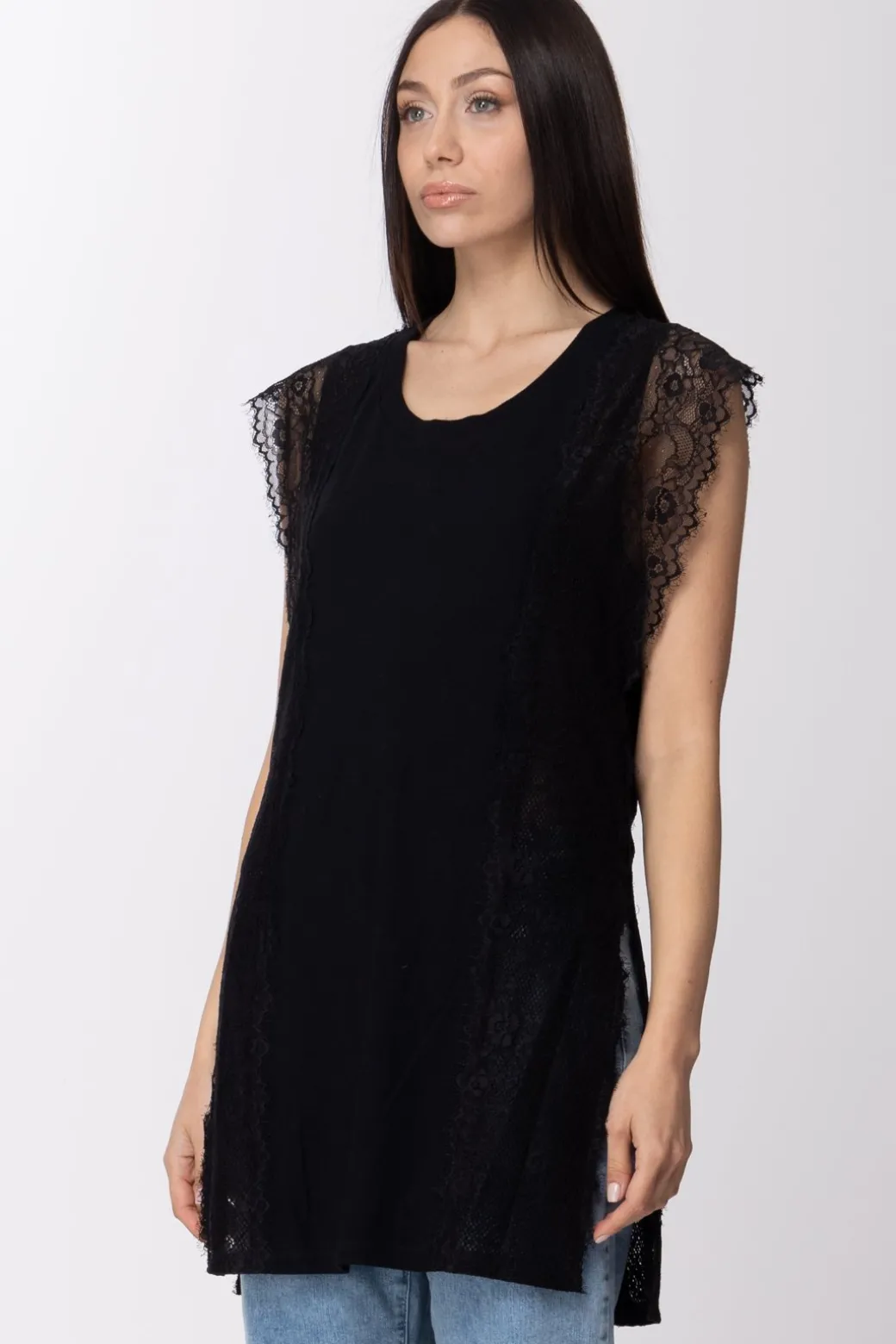 Donna Twin-set Top Lungo In Jersey con Inserti In Pizzo