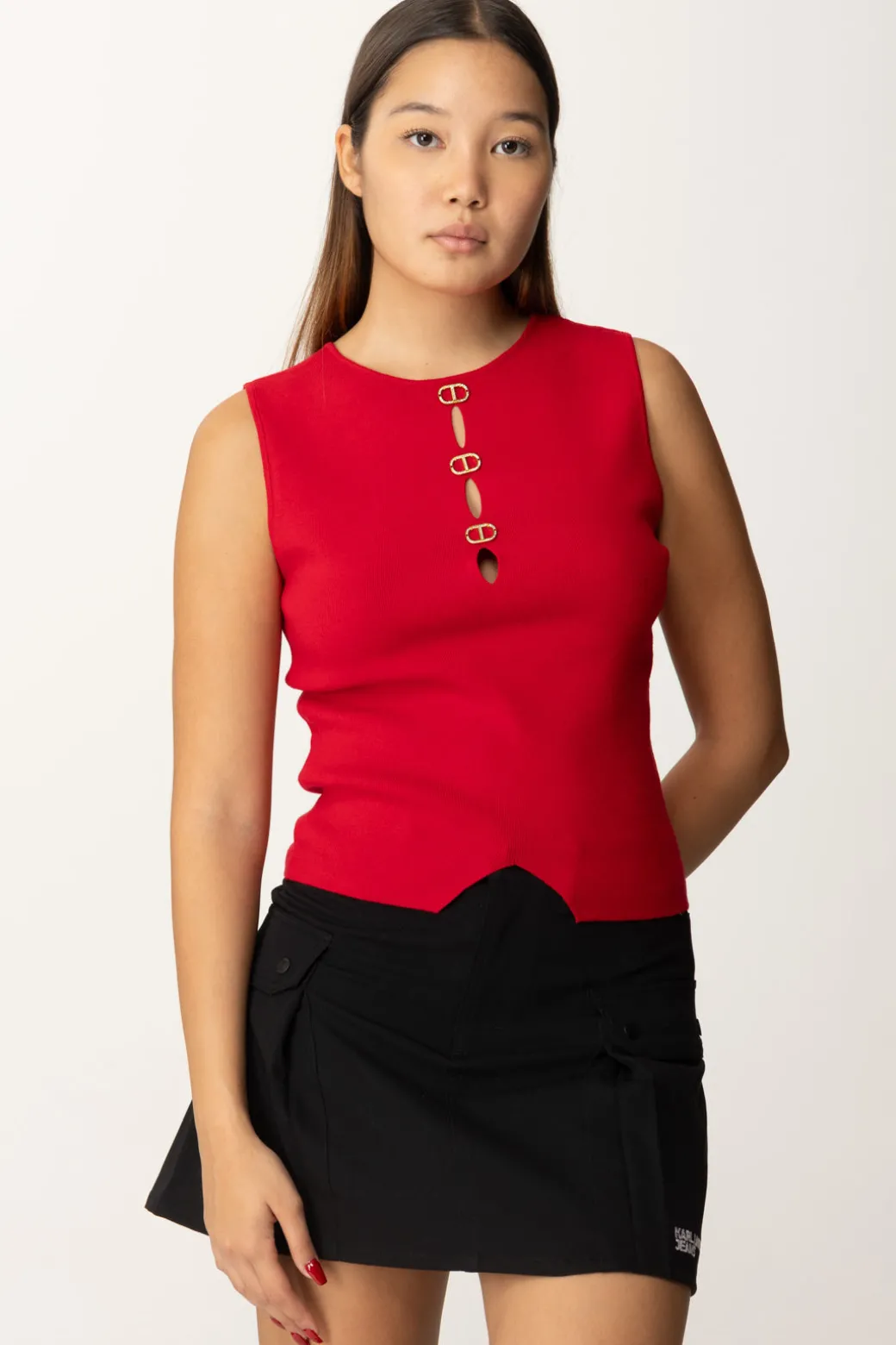 Donna Twin-set Top Smanicato con Dettagli Logati