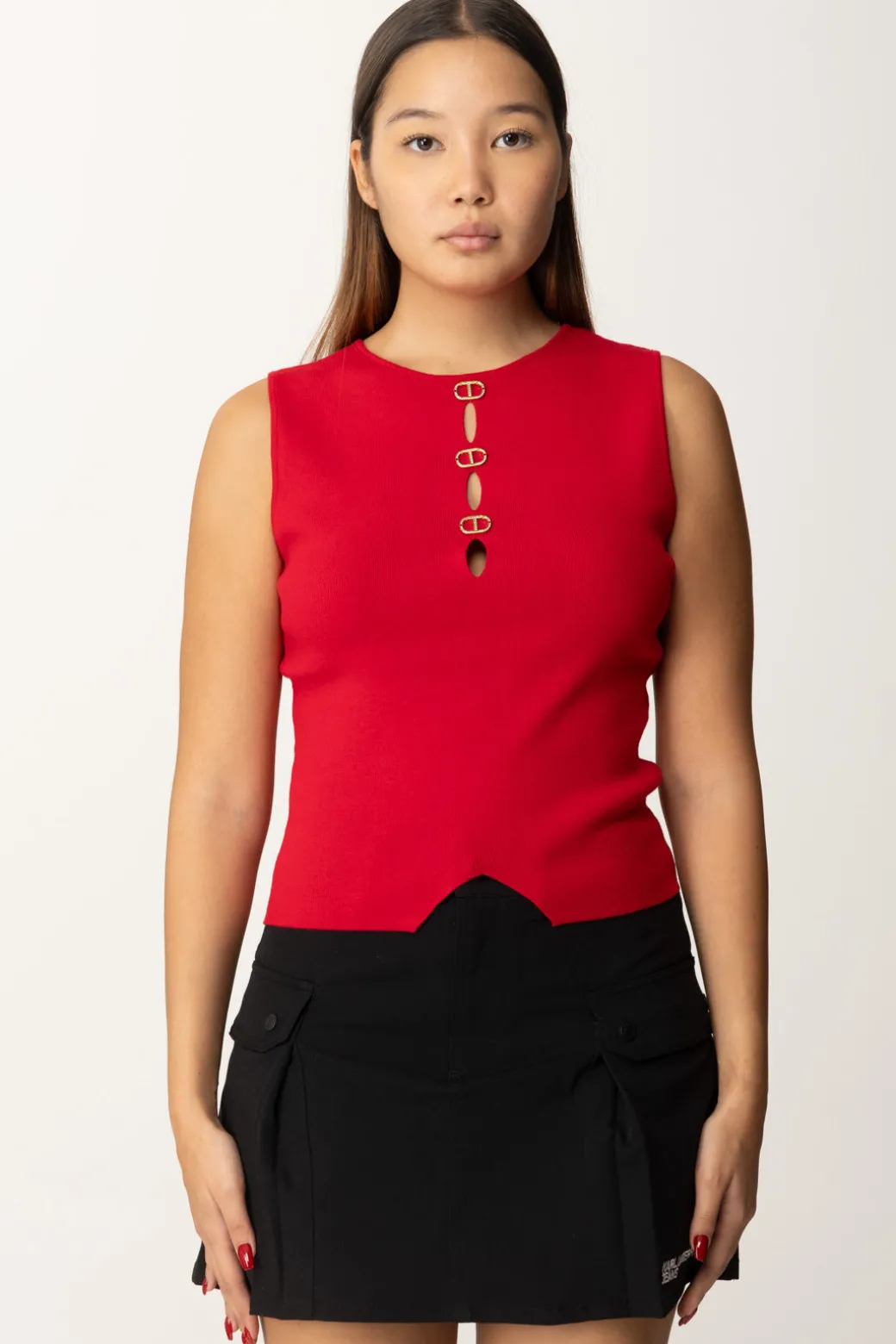 Donna Twin-set Top Smanicato con Dettagli Logati