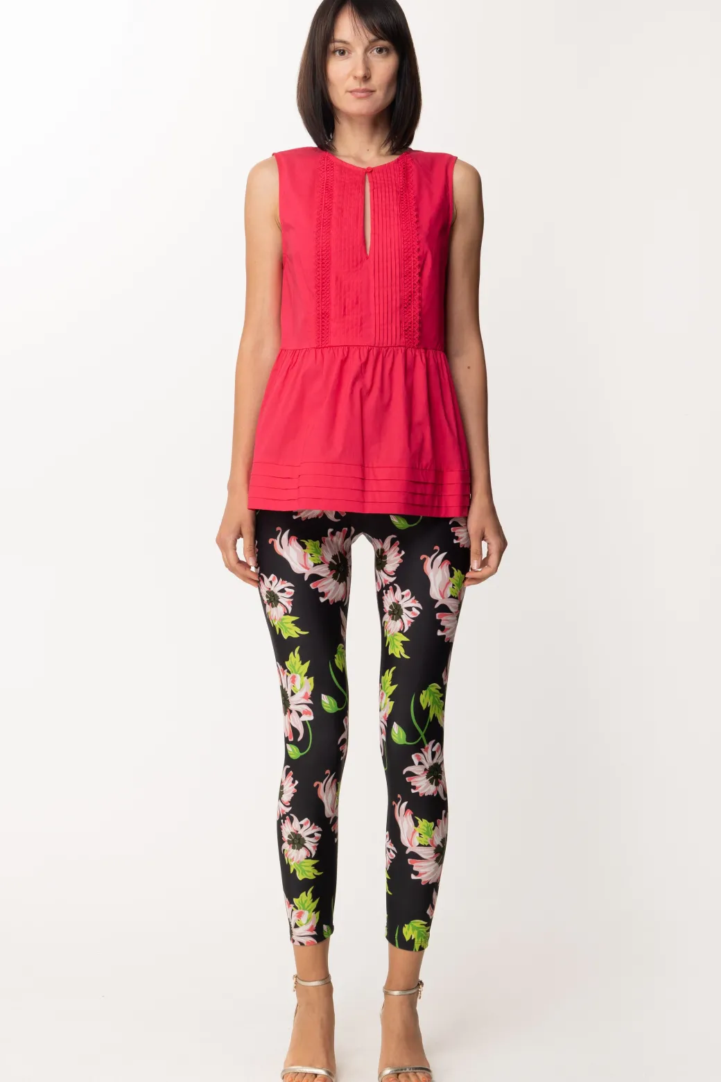Donna Twin-set Top Smanicato con Plissé e Pizzo