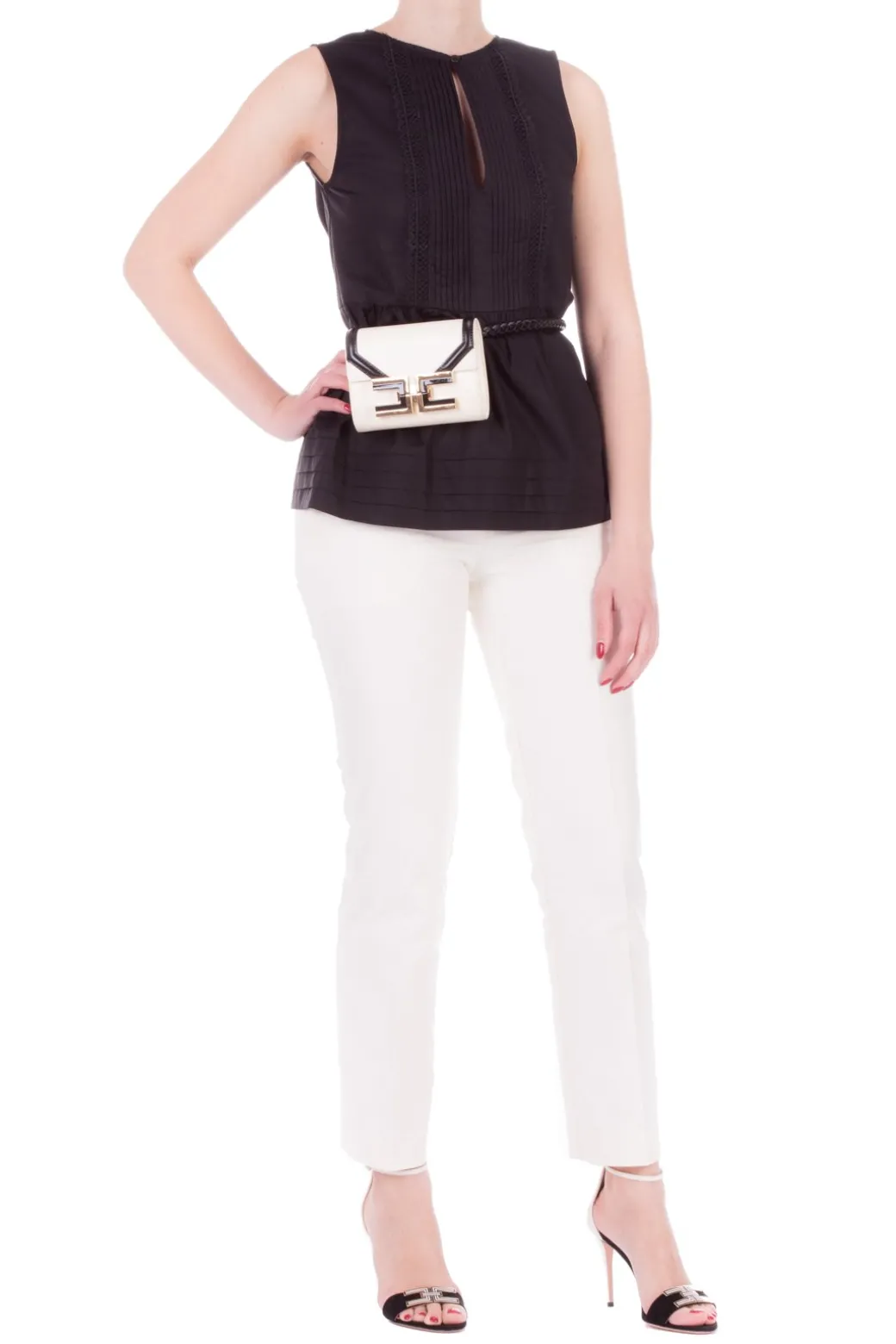 Donna Twin-set Top Smanicato con Plissé e Pizzo