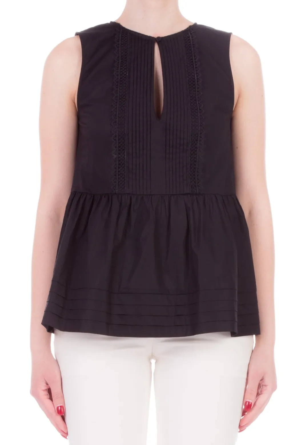 Donna Twin-set Top Smanicato con Plissé e Pizzo