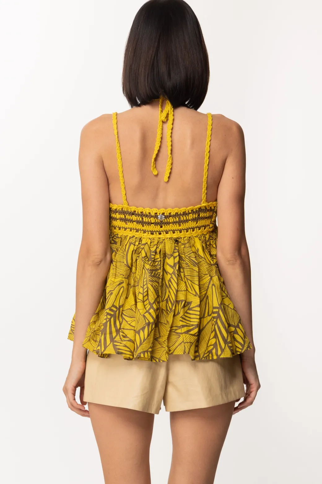 Donna Twin-set Top Stampato con Corpetto Crochet