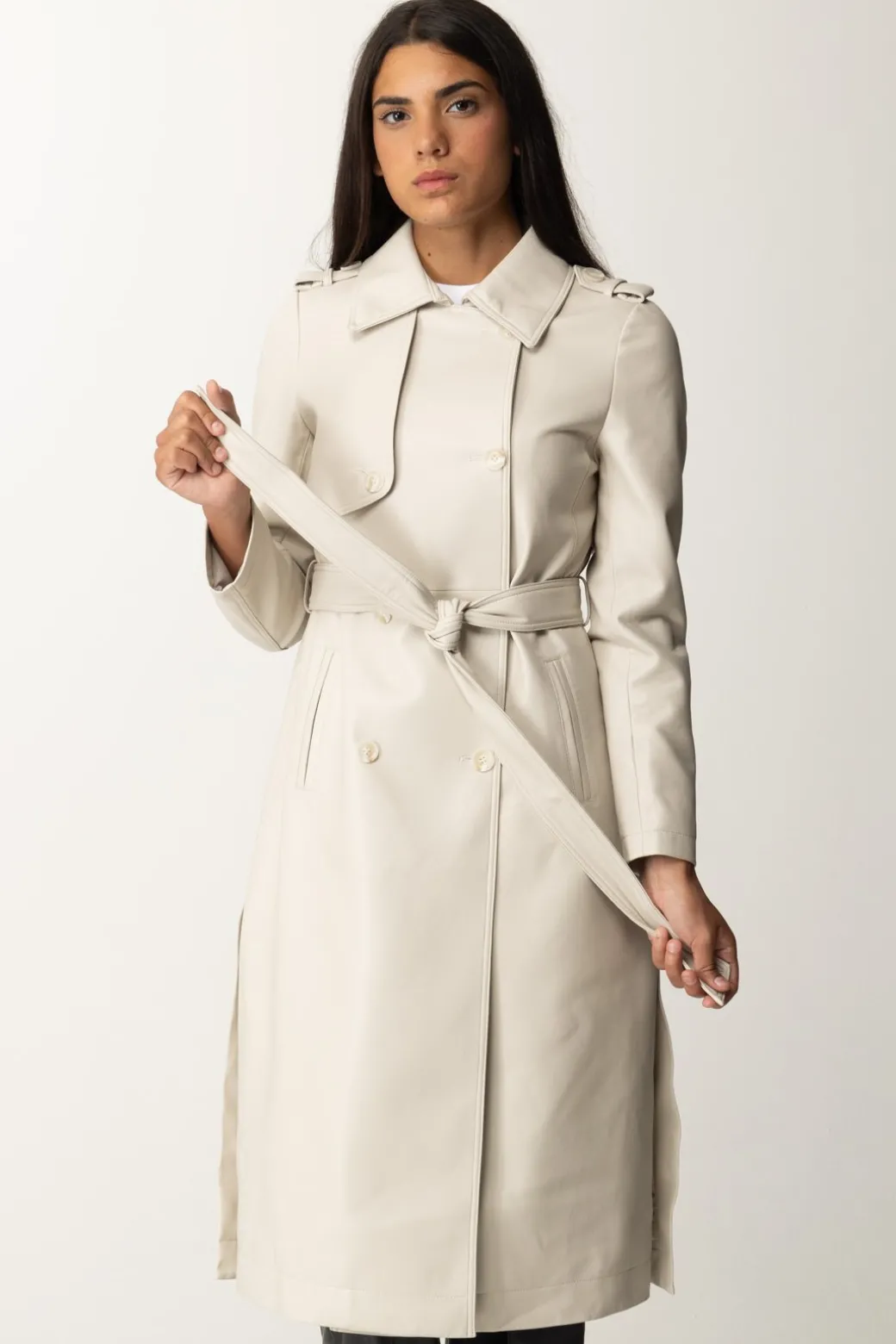 Donna Twin-set Trench Spalmato Doppiopetto con Cintura