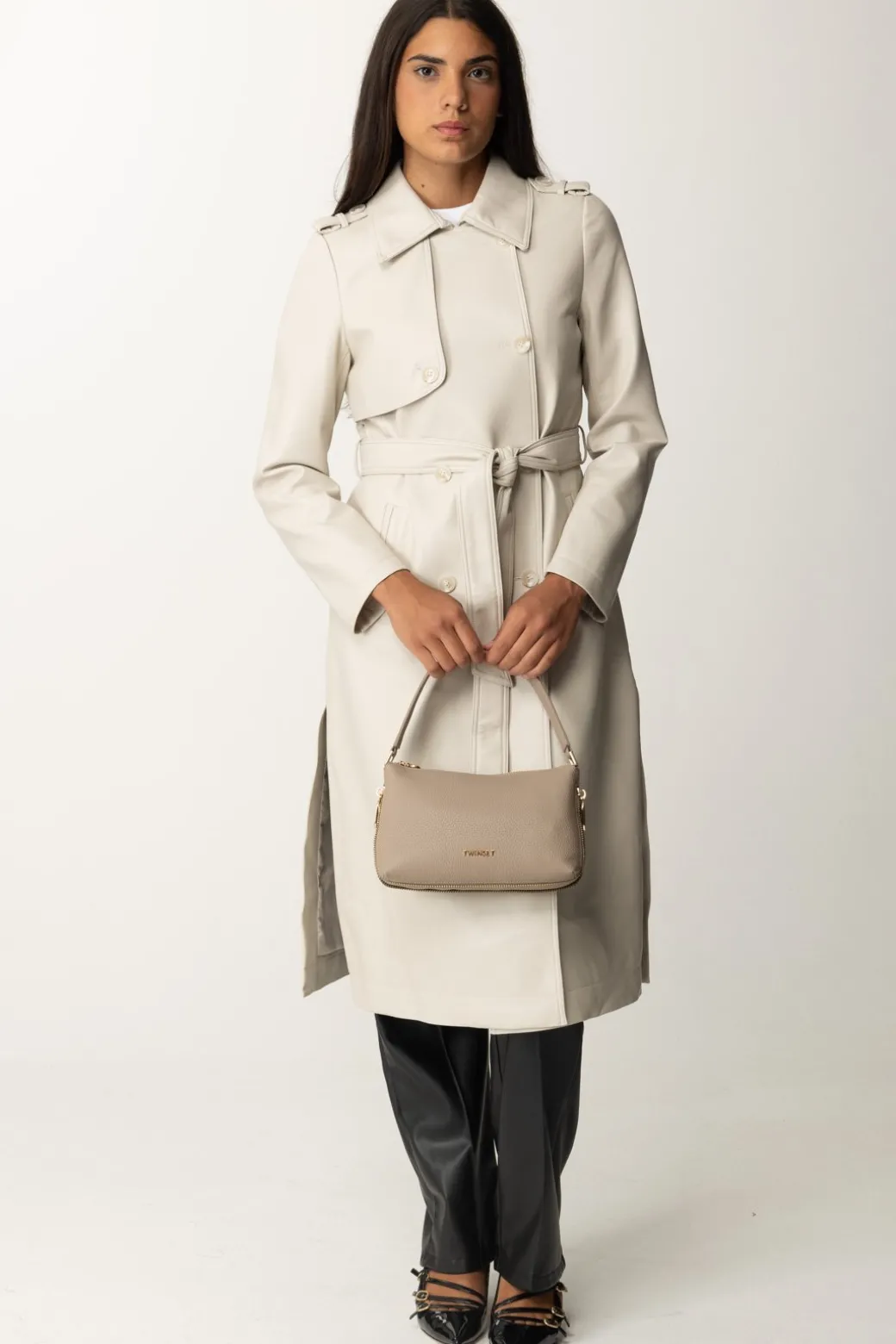 Donna Twin-set Trench Spalmato Doppiopetto con Cintura