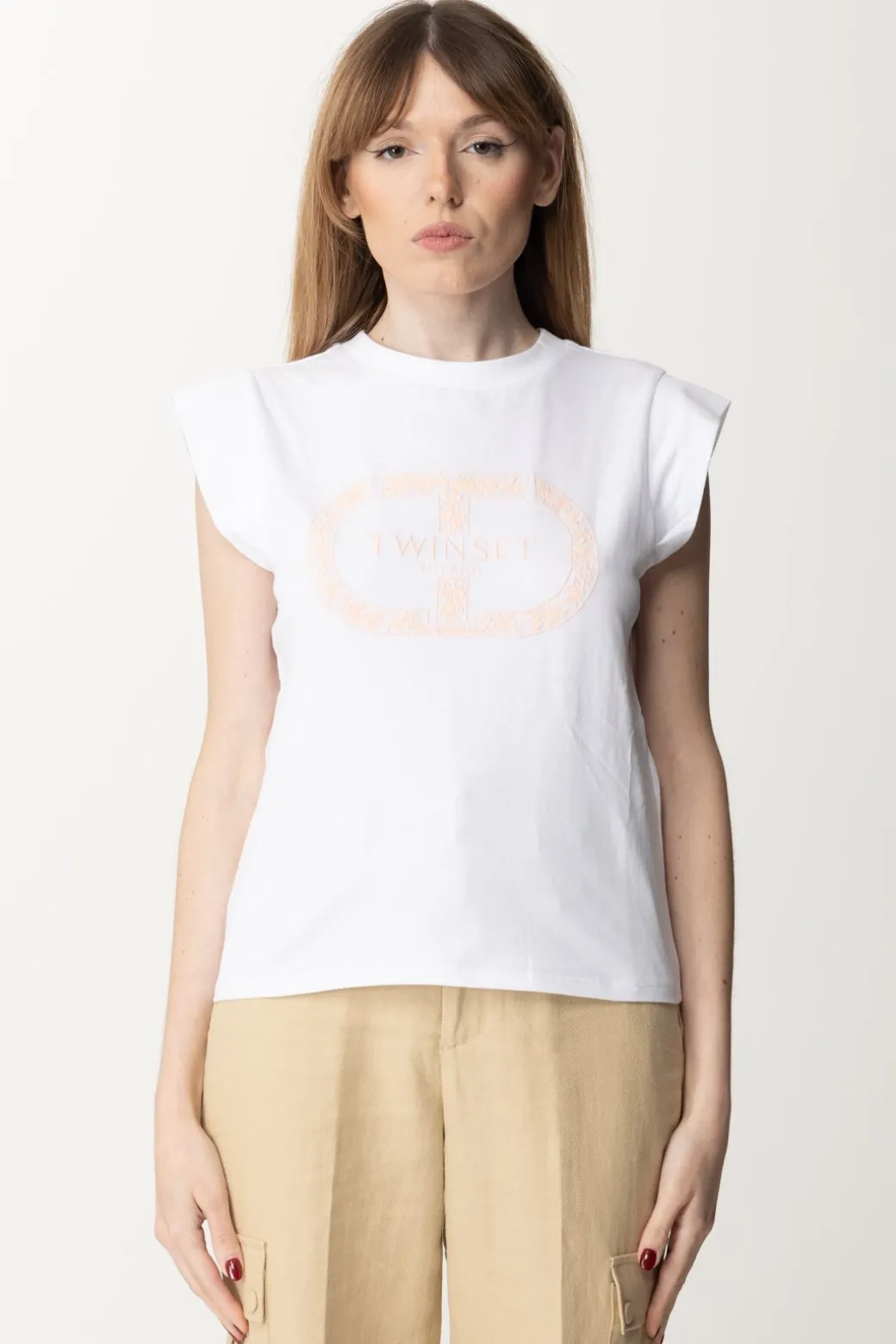 Donna Twin-set T-shirt con Ricamo Logo e Maniche Ad Aletta