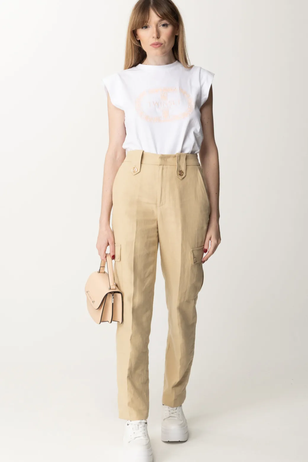 Donna Twin-set T-shirt con Ricamo Logo e Maniche Ad Aletta