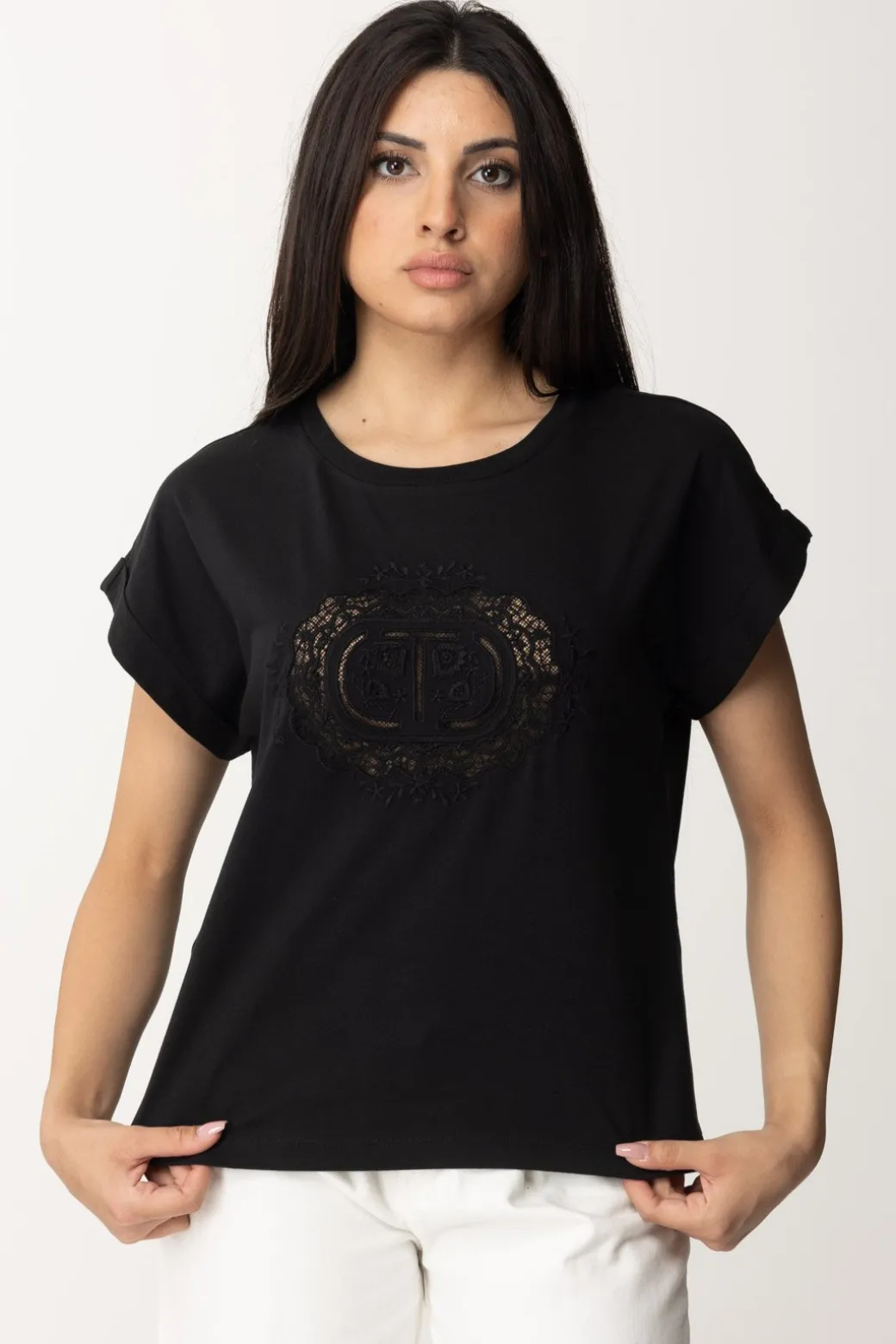 Donna Twin-set T-shirt con Ricamo Oval T In Pizzo