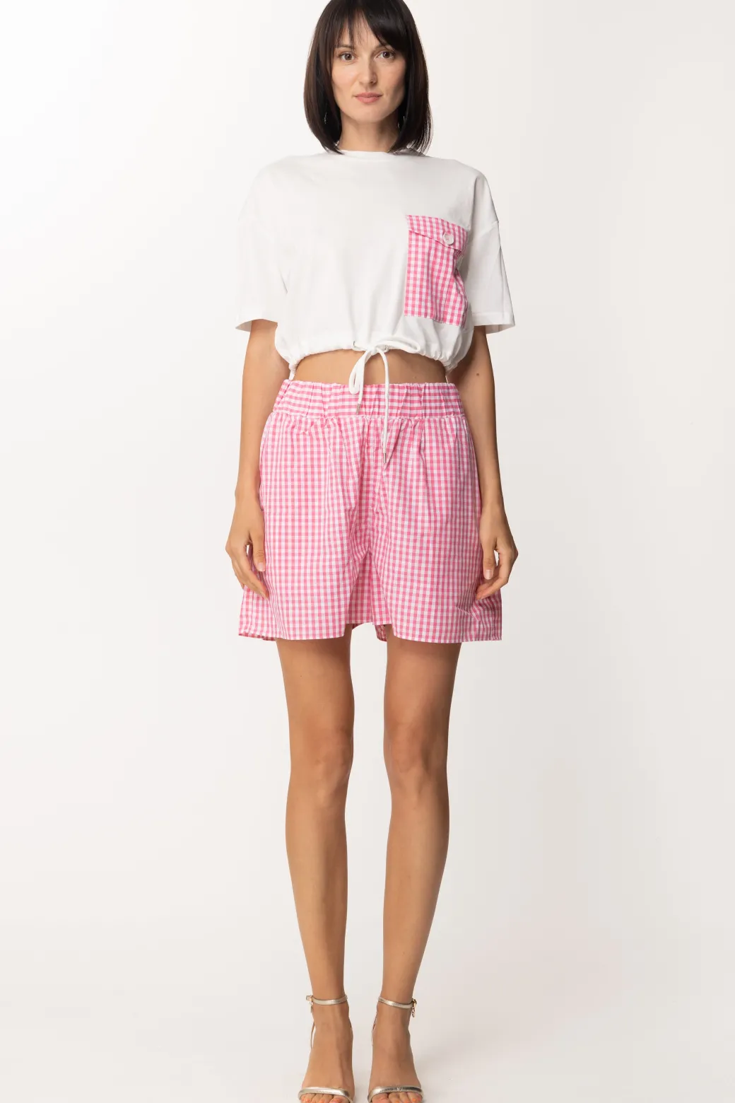 Donna Twin-set T-shirt Crop con Coulisse e Tasca Vichy