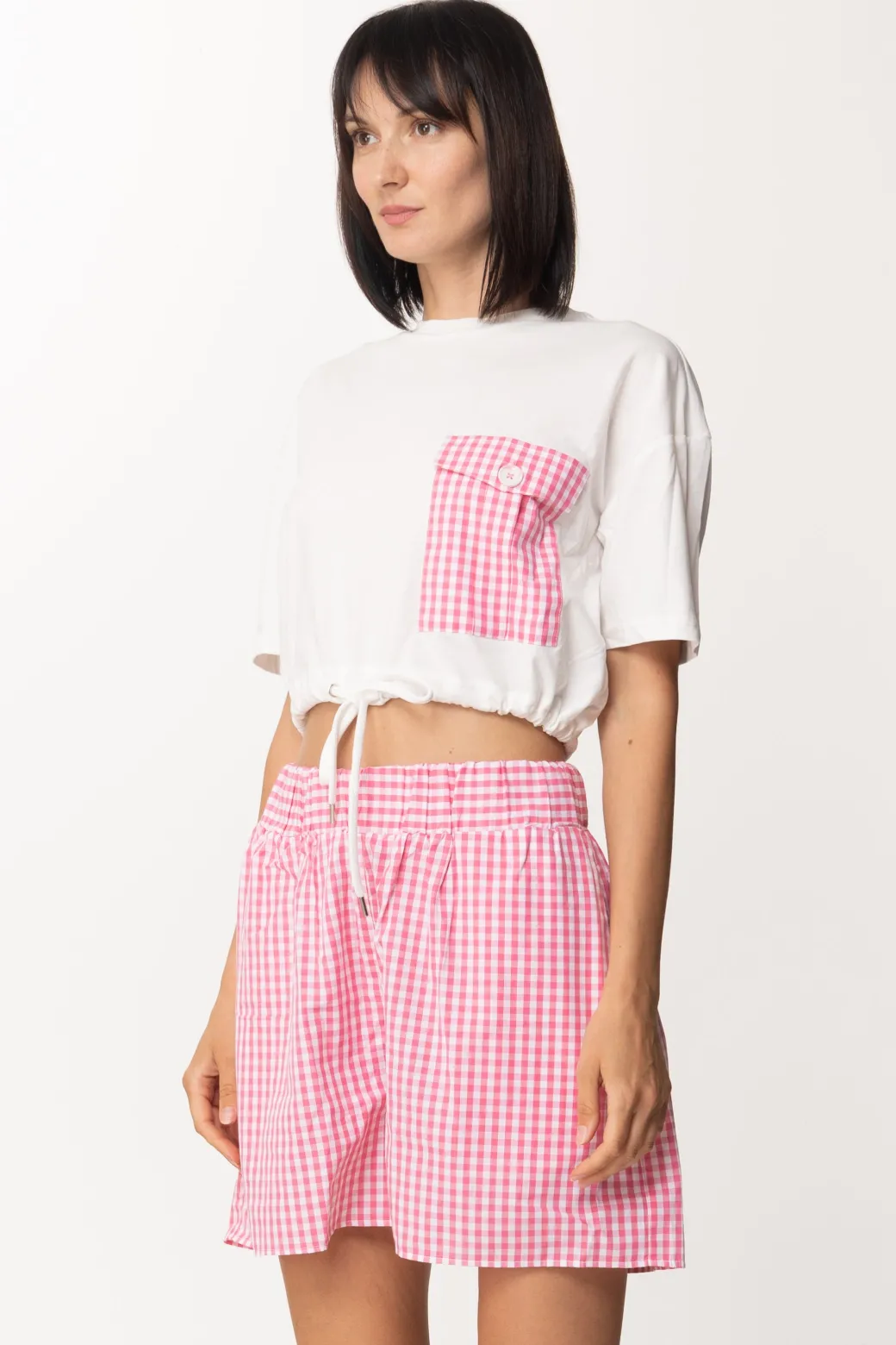 Donna Twin-set T-shirt Crop con Coulisse e Tasca Vichy