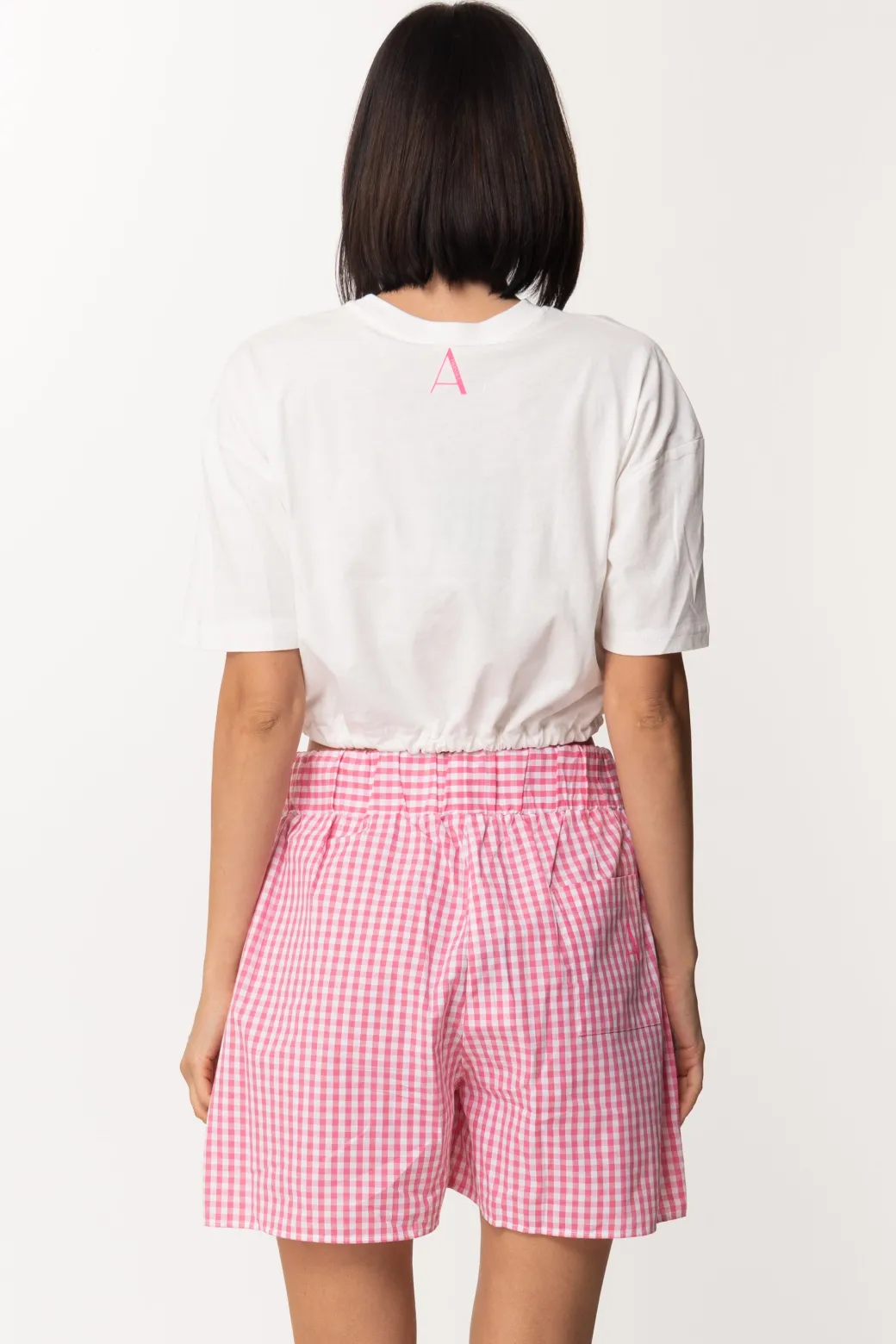 Donna Twin-set T-shirt Crop con Coulisse e Tasca Vichy