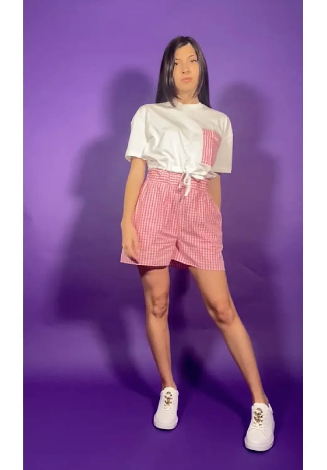 Donna Twin-set T-shirt Crop con Coulisse e Tasca Vichy