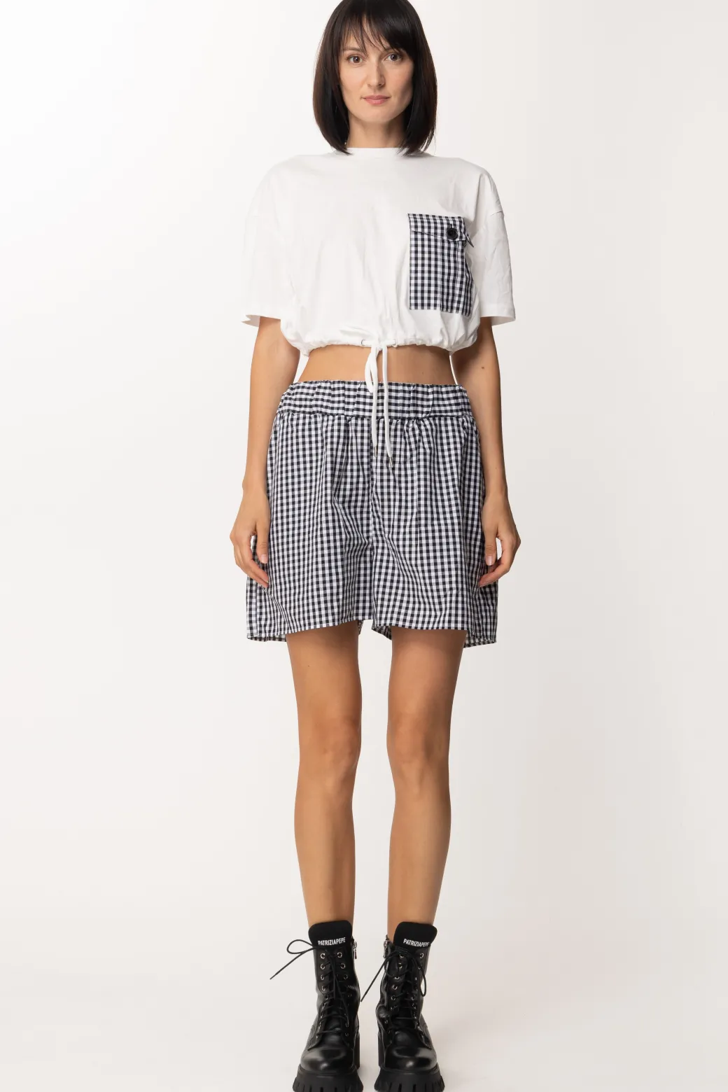 Donna Twin-set T-shirt Crop con Coulisse e Tasca Vichy