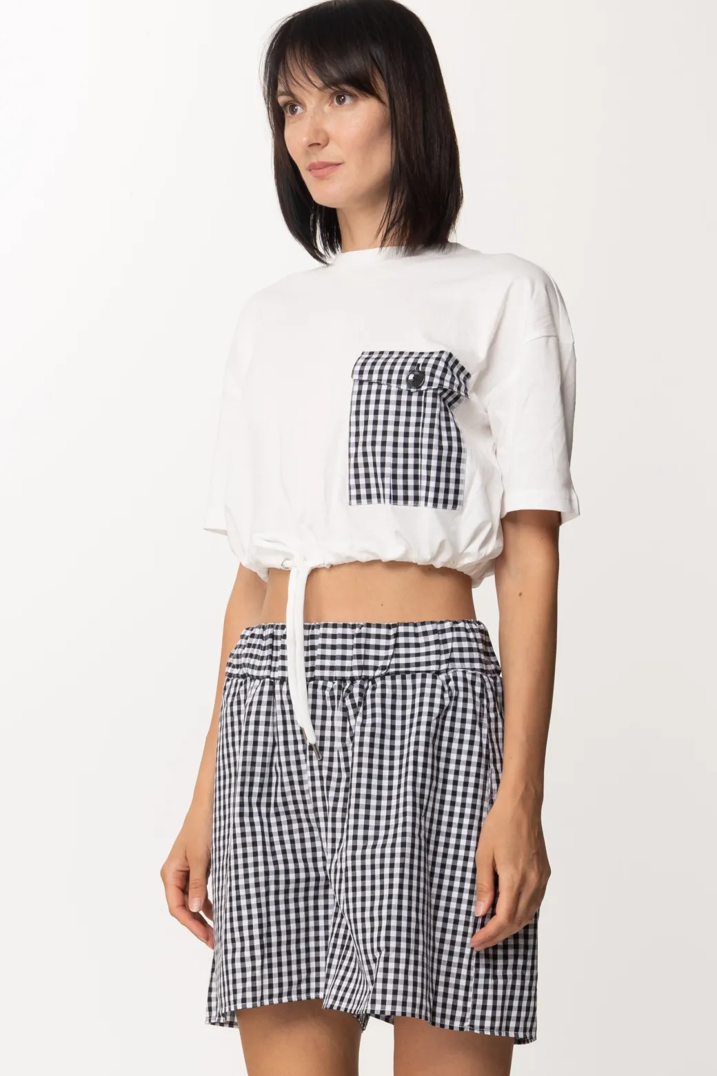 Donna Twin-set T-shirt Crop con Coulisse e Tasca Vichy