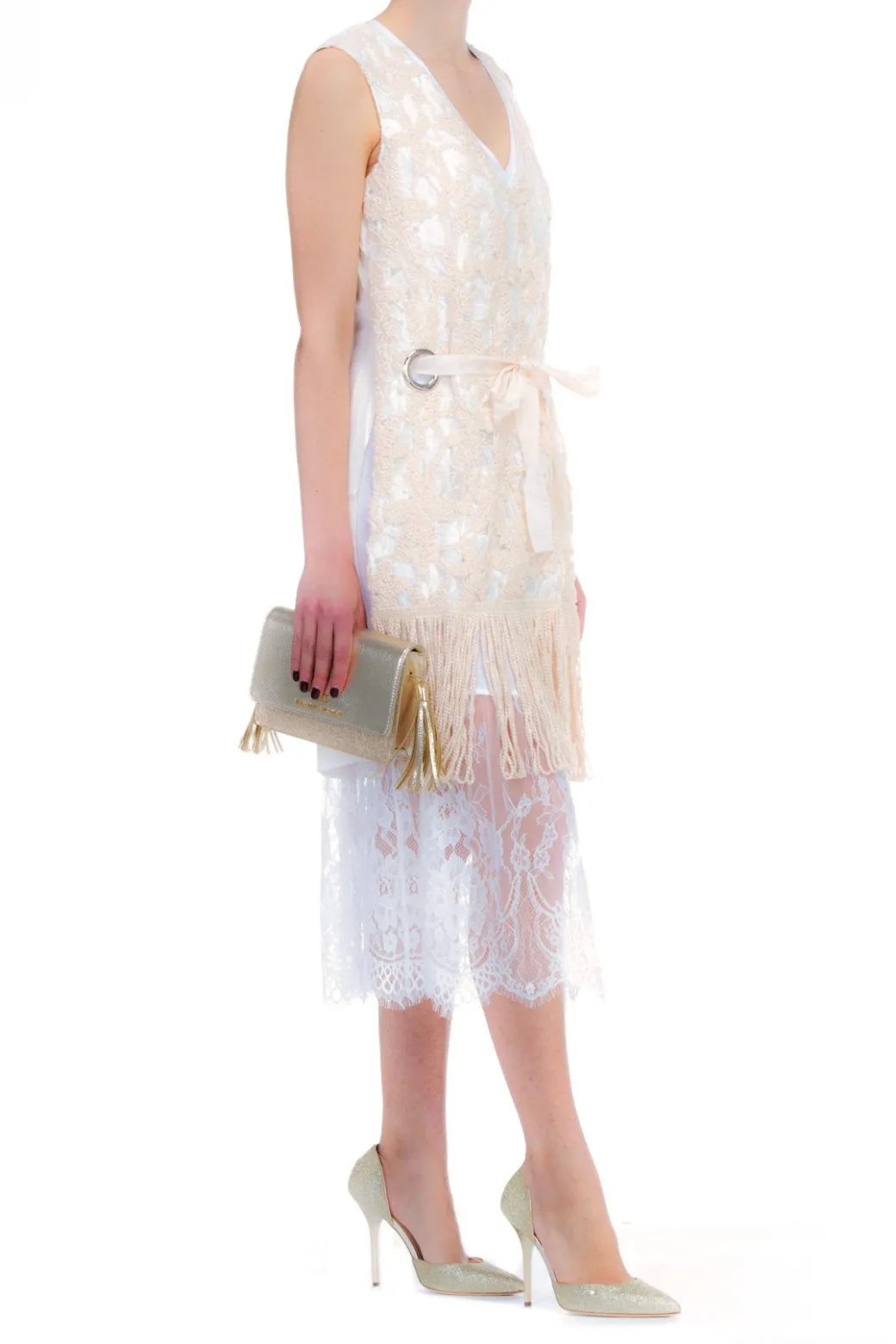 Donna Twin-set Tunica In Pizzo Macreme' con Ricamo Conrnelly Scollo a V Coulisse In Vita Occhelli Sui Fianchi
