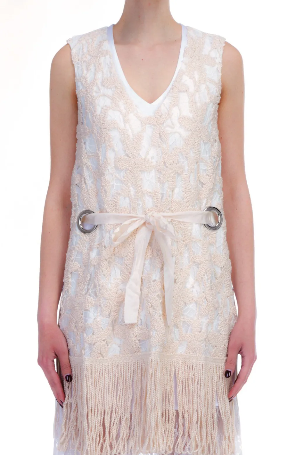 Donna Twin-set Tunica In Pizzo Macreme' con Ricamo Conrnelly Scollo a V Coulisse In Vita Occhelli Sui Fianchi