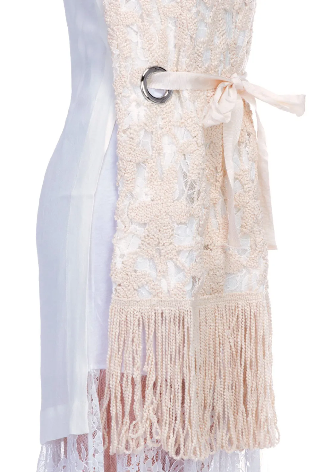 Donna Twin-set Tunica In Pizzo Macreme' con Ricamo Conrnelly Scollo a V Coulisse In Vita Occhelli Sui Fianchi