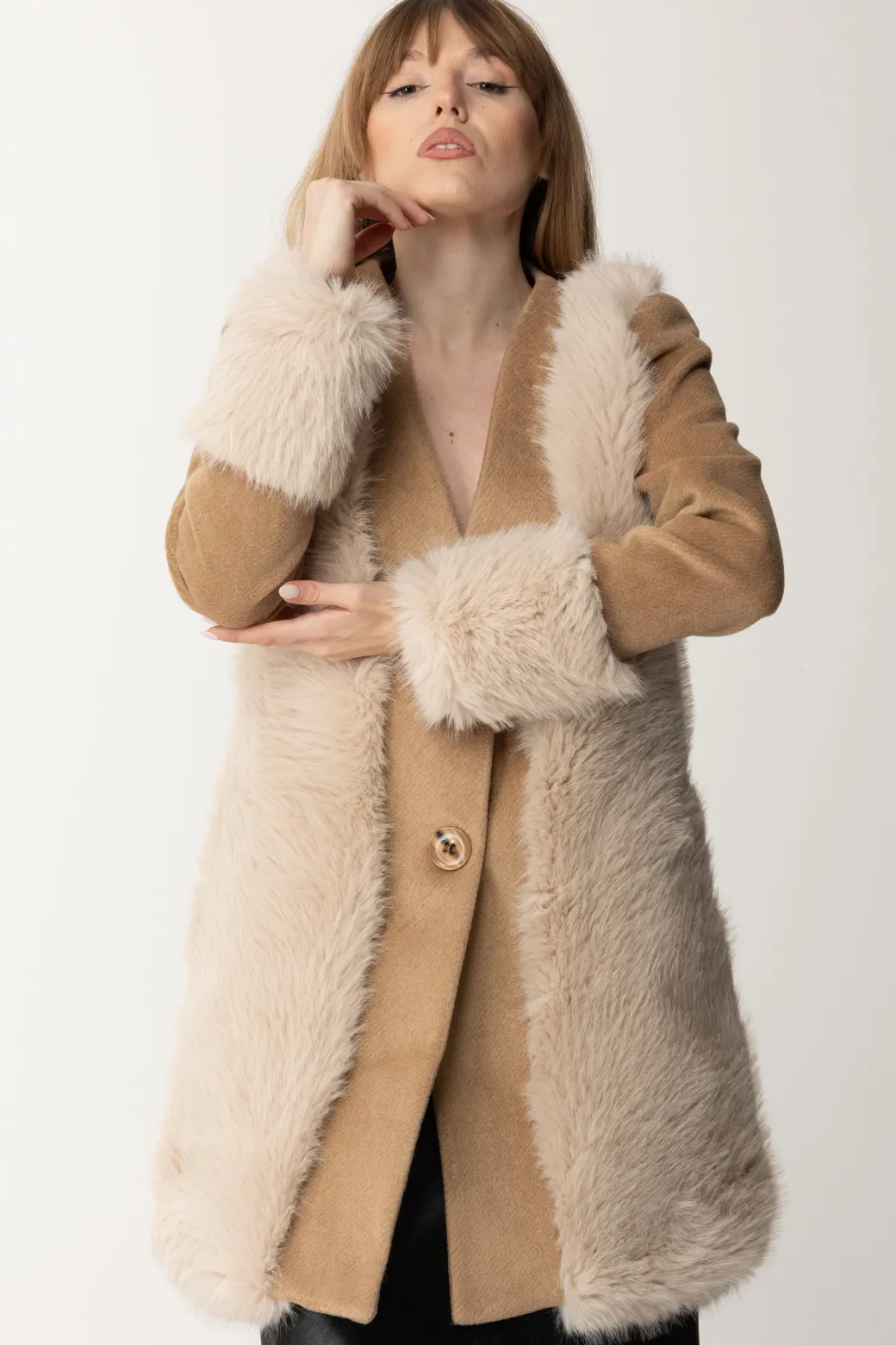 Donna Yes London Cappotto con Inserto In Ecopelliccia