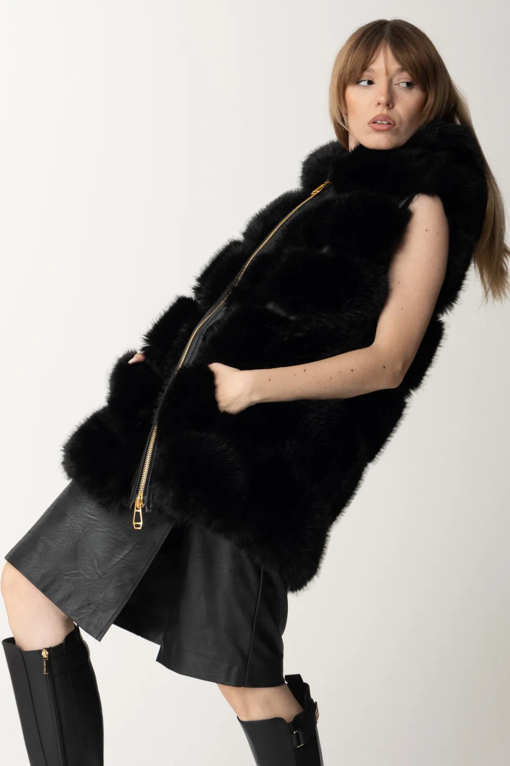 Donna Yes London Gilet In Ecopelliccia con Cappuccio