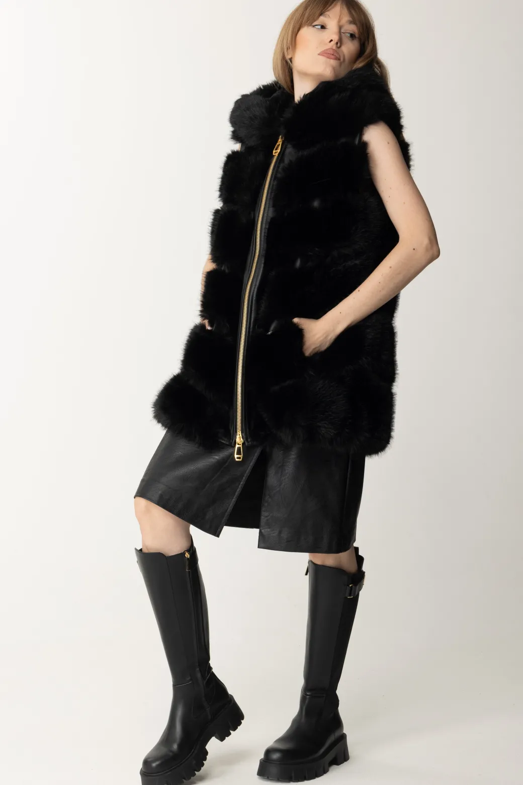 Donna Yes London Gilet In Ecopelliccia con Cappuccio